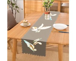 Bedrukt Velvet textiel Tafelloper - Blauw&Bruin veren - Runner 45x220 - Tafellaken - Tafelkleed - Kleed