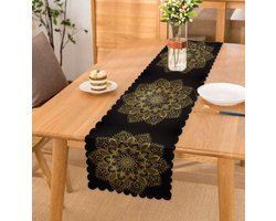 Bedrukt Velvet textiel Tafelloper - Runner 45x220- Gold Mandala op Zwart - Tafellaken - Tafelkleed - Kleed