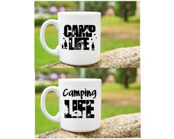Bedrukte Beker Mok Set van 2 stuks -Camping - Kamperen - Life -  Spreuk - Gepersonaliseerde -Geschenk -Moederdag - Vaderdag -Verjaardag -Spreuken -Spreuk -Quoten- Quote- Decoratie Tekst Handgemaakt