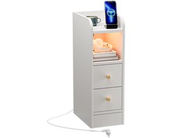 Bedside Table with 2 Drawers 4-Layers Narrow Bedside Desk with Power Outlet 1AC/2USB Wood Side Table Adjustable Bluetooth Light Strip Slim Bedside Cabinet for Bedroom and Living Room EU Plug White