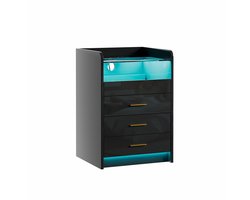 Bedside Table with 3 Drawers Wooden Bedside Cabinet with Light Sliding Compartment Bedside Table with Charging Station 2AC/2USB Side Cabinet for Bedroom Living Room Small Space EU Plug Black