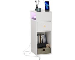 Bedside Table with Light Single Drawer Bedside Desk 4-layer Wood Narrow Side Table with Charging Station Remote Control 2AC/2USB Slim Bedside Cabinet for Bedroom and Living Room EU Plug White