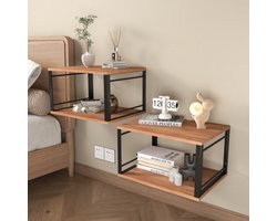 Bedside Table with Light Wall Mounted Bedside Desk 2-Layer Floating Bedside Table with 40cm Light Strip Open Space Metal Wood Bedside Cabinet for Bedroom and Living Room Brown