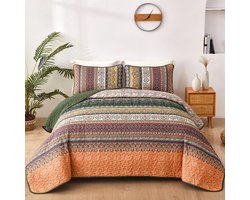 Bedsprei 240x260 cm - Boho Doorgestikt Microvezel - 3-delig met 2 Kussenslopen 50x75 cm - Voor Tweepersoonsbed Slaapkamer en Bankovertrek - Green Orange