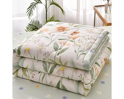 Bedsprei - Gequilt - Voor tweepersoonsbed, slaapkamer en woonkamer - Groen met gras- en bloemenprint 200x230 cm