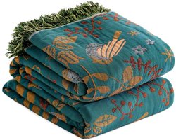 Bedsprei - knusse bankdeken van 100% katoen Omkeerbare jacquard - sprei met bloemen - en vogelmotief - geschikt voor alle seizoenen - voor fauteuil - bank of woonkamer - lichtgewicht en ademend - woondecoratie - 150 x 200 cm