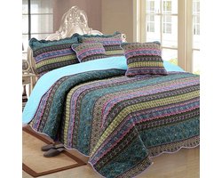 Bedsprei, sprei 270 x 250 cm, bed, katoen, boho-patchwork, stijl, patroon, dekbed, quilt, gewatteerd, bankovertrek, vintage, slaapkamer, met kussenset, groen, blauw