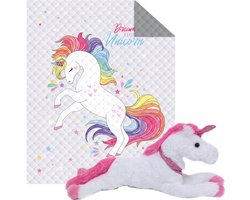 Bedsprei Unicorn - afmeting 170x210 cm - lichtgewicht - gewatteerd - inclusief pluche knuffel 50 cm