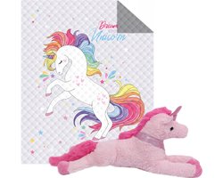 Bedsprei Unicorn - afmeting 170x210 cm - lichtgewicht - gewatteerd - inclusief pluche knuffel 50 cm