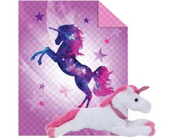 Bedsprei Unicorn- extra warmte- paars- roze- 170x210cm- incl. grote Unicorn Knuffel pluche 50cm