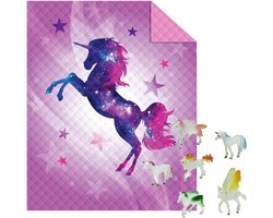 Bedsprei Unicorn- extra warmte- paars- roze- 170x210cm- inclusief 6-delig speelset