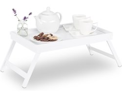 bedtafel bamboe - voor op bed - inklapbare poten - met rand - 22 x 64 x 31 cm - dienblad - wit