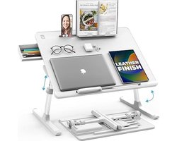 bedtafel-Laptoptafel-Opvouwbaar -Hoogte & Kantelhoek-Leren Top voor Werk-Studie-Leesstandaard-Lade-Parelwit