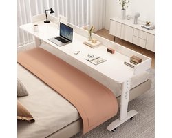 Bedtafel Massief Hout - Verstelbaar Bureau - Boven Bed - Met Wielen & Schotten - 150x40cm - Wit