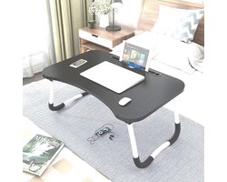 Bedtafel voor laptop, iPad, tablet, boek, huiswerk of ontbijt op bed | Opvouwbare laptop tafel met bekerhouder | 60x40x28 | Hout | Tafel | Zwart