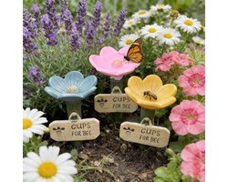 Bee Watering Station - Insect Drinking Cups - Flower Shaped Design - Veilig Drinkpunt Voor Bijen En Vlinders - Duurzaam Hars Materiaal - 3 Stuks Set - Blauw Roze Geel - Voor Tuin Bloembakken Balkon