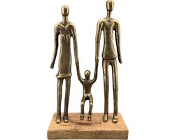beeld gezin van drie gemaakt van aluminium en hout - koper/ brons kleur - 19x8x32 cm