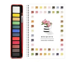 Beginners aquarelset - 12 verven + penselen - Aquarelkunstwerkboek - Speciaal aquarelkleurboek - Boeket