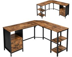 BEGRYF - Hoekbureau - rustiek bruin - met lade en planken - 149x149x74,5 cm