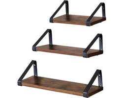 BEGRYF Set van 3 Wandplanken - Rustiek Bruin - Met Metalen Beugels - 30/35/40x12x11 cm - Industrieel Design - Houtlook Afwerking