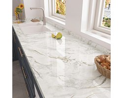 Behang 60 X 300 cm Aanrecht Wrap Werkblad Bekleding Wasbaar Wit en Goud Achterbehang Marmer Vinyl Wrap voor Keuken Kasten