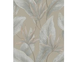 Behang - Bladeren - Linnenstructuur - Metallic Glans - Taupe Zilver - Hotel Chique - Vliesbehang - Woonkamer Slaapkamer - 0,53 x 10,05 M – Whisper