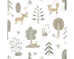 Behang - Bosdieren - Scandinavisch - Peuterkamer - Wit Groen - Kinderkamer - Dierenbehang - Eland Vos Konijn - 0,53 x 10,05 M - Happy
