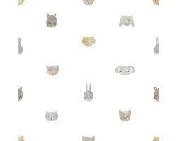 Behang - Dieren - Aquarel - Babykamer Neutraal - Wit Taupe - Kinderkamer - Dierenhoofdjes - Beer Kat Konijn - 0,53 x 10,05 M - Happy