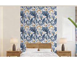Behang - Fotobehang Bloem - Blauw - Goud - Patroon - Breedte 190 cm x hoogte 300 cm