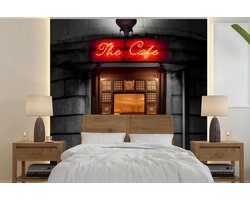 Behang - Fotobehang Deur - Café - Rood - Architectuur - Neonlicht - Breedte 300 cm x hoogte 300 cm - Behangpapier