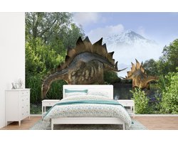 Behang - Fotobehang Dinosaurus - Berg - Bos - Illustratie - Kinderen - Jongens - Kids - Jongetje - Breedte 390 cm x hoogte 260 cm