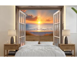 Behang - Fotobehang Doorkijk - Strand - Duinen - Zonsondergang - Breedte 240 cm x hoogte 240 cm