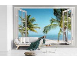 Behang - Fotobehang Doorkijk - Strand - Palmboom - Boot - Tropisch - Zee - Blauw - Breedte 390 cm x hoogte 260 cm