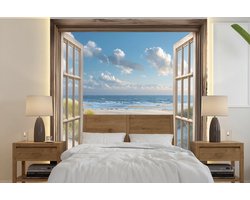 Behang - Fotobehang Doorkijk - Strand - Raam - Duinen - Zee - Breedte 240 cm x hoogte 240 cm