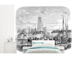 Behang - Fotobehang Een antieke zwart-wit illustratie van Dordrecht - Breedte 265 cm x hoogte 220 cm