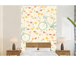 Behang - Fotobehang Fiets - Klaproos - Patroon - Breedte 225 cm x hoogte 350 cm