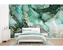 Behang - Fotobehang Goud - Marmer - Groen - Luxe - Marmerlook - Grijs - Breedte 400 cm x hoogte 300 cm