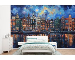 Behang - Fotobehang Grachten Amsterdam - Huizen - Stad - Kleurrijk - Breedte 360 cm x hoogte 240 cm