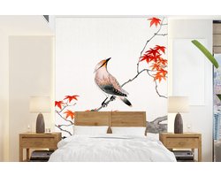 Behang - Fotobehang Japanse esdoorn - Vogel - Boom - Vintage - Breedte 175 cm x hoogte 240 cm