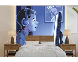 Behang - Fotobehang Jongen - Gamen - Computer - Nacht - Breedte 350 cm x hoogte 350 cm