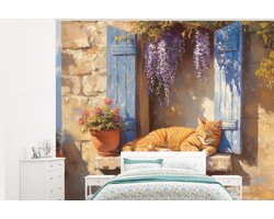 Behang - Fotobehang Kat - Stenen vensterbank - Bloemen - Breedte 325 cm x hoogte 260 cm