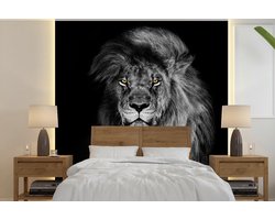 Behang - Fotobehang Leeuw - Ogen - Oranje - Zwart wit - Dieren - Portret - Breedte 280 cm x hoogte 280 cm