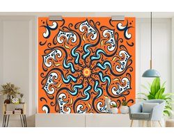 Behang - Fotobehang Mandala - Bladeren - Blauw - Oranje - Breedte 260 cm x hoogte 260 cm