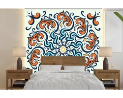 Behang - Fotobehang Mandala - Oranje - Blauw - Patronen - Breedte 350 cm x hoogte 350 cm
