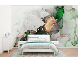 Behang - Fotobehang Marmer - Goud - Groen - Luxe - Breedte 400 cm x hoogte 300 cm