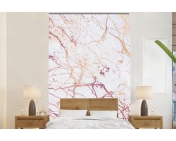 Behang - Fotobehang Marmer - Wit - Goud - Paars - Breedte 195 cm x hoogte 300 cm
