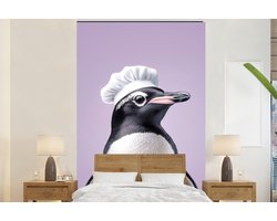 Behang - Fotobehang Pinguïn - Koksmuts - Lief - Paars - Breedte 225 cm x hoogte 350 cm