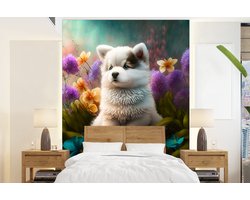Behang - Fotobehang Puppy - Bloemen - Planten - Natuur - Husky - Breedte 160 cm x hoogte 220 cm