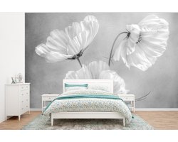 Behang - Fotobehang Stilleven - Bloemen - Zwart wit - Klaproos - Botanisch - Breedte 400 cm x hoogte 300 cm