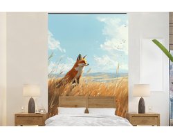 Behang - Fotobehang Vos - Gras - Wolken - Oranje - Breedte 170 cm x hoogte 260 cm